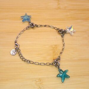Blue and Yellow Iridescent Crystal Starfish Charm Cable Chain 'Q" Tag Bracelet